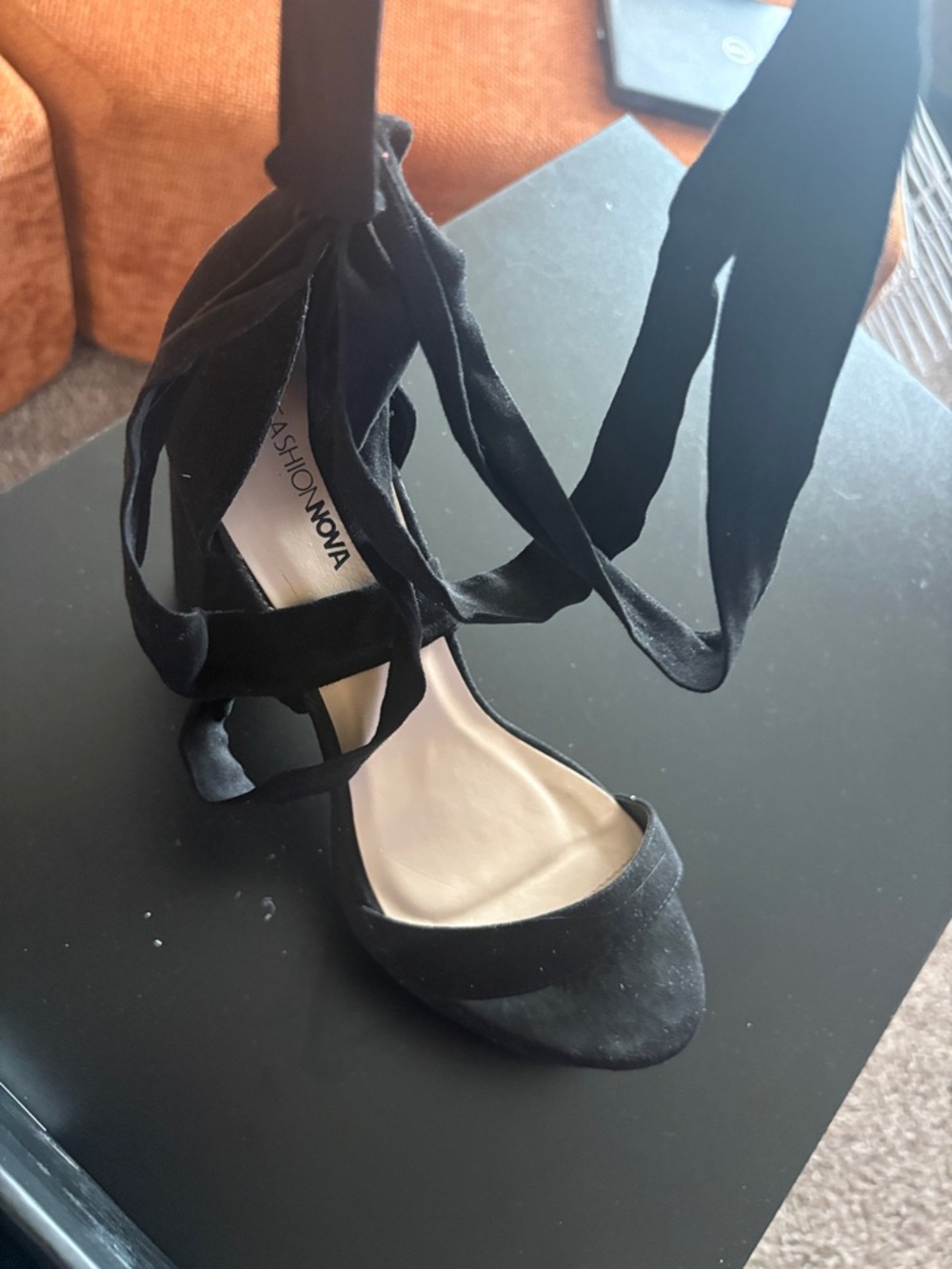 Fashion Nova Black Suede Lace-Up Wrap Heels